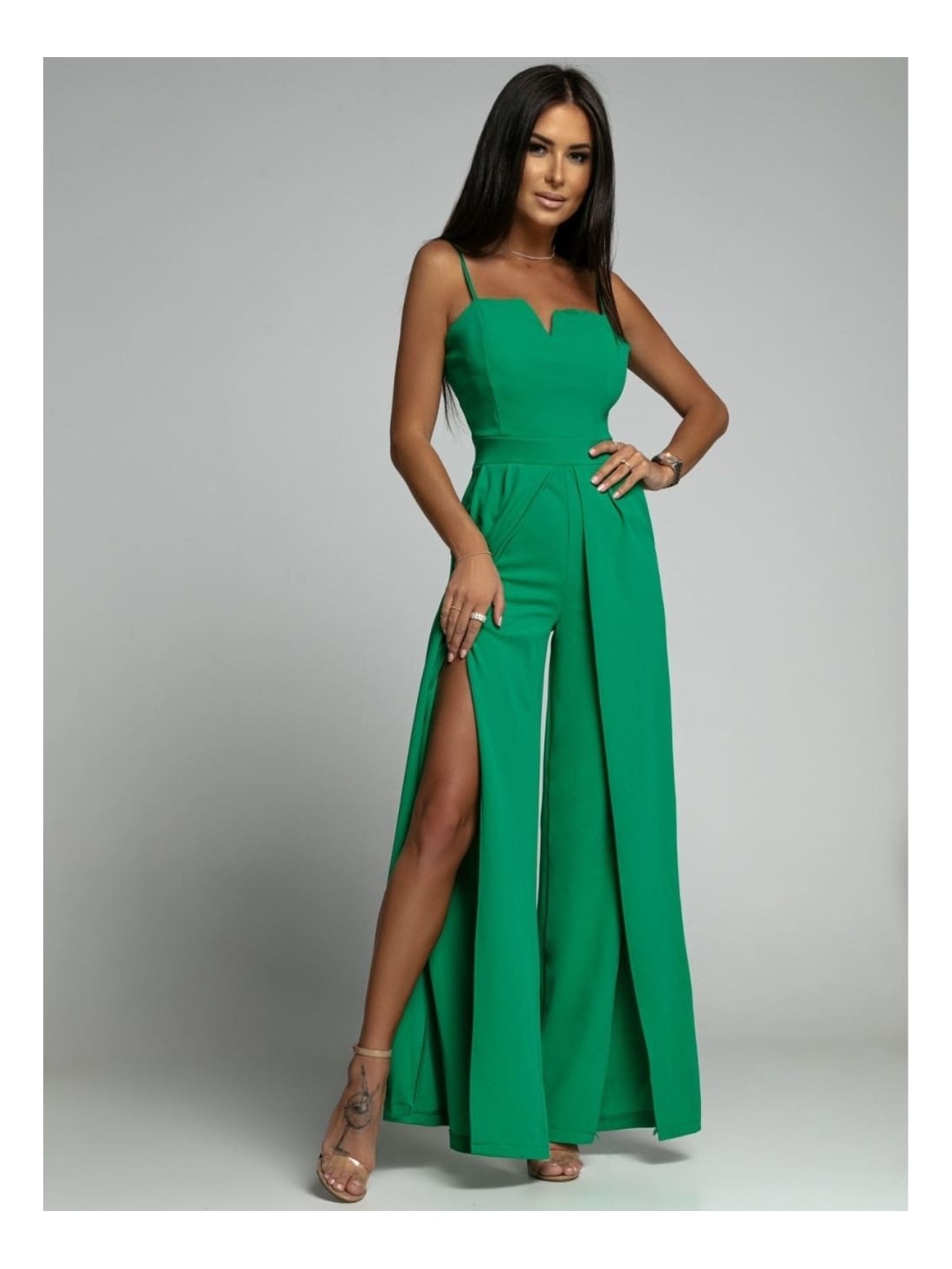 Elegant jumpsuit with straps and slits, green AZRT035